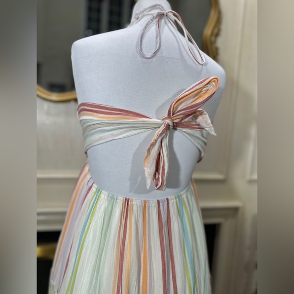 American Eagle Striped Ruched Halter Midi Dress | M | Cotton Lined Tiered - Picture 9 of 16